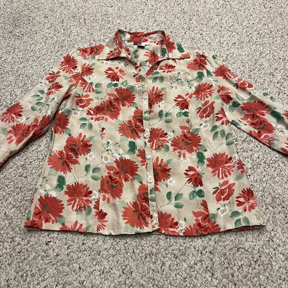 JM Collection Button Down Linen Floral Short Sz 10 Pink Cottagecore 3/4 sleeve